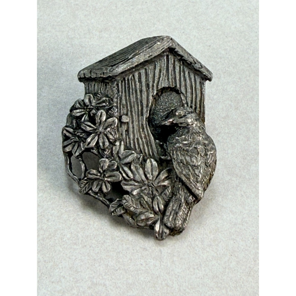 VTG 1997 90s BIRDS & BLOOMS Limited Ed bird house flower silver tone Brooch Pin